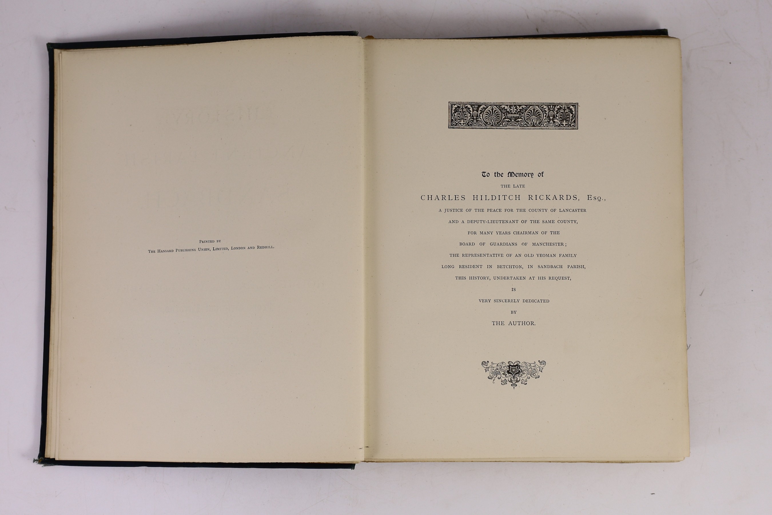 Earwaker, J.P - The History of the Ancient Parish of Sandbach, one of 250, large 4to, cloth gilt, privately printed, 1890